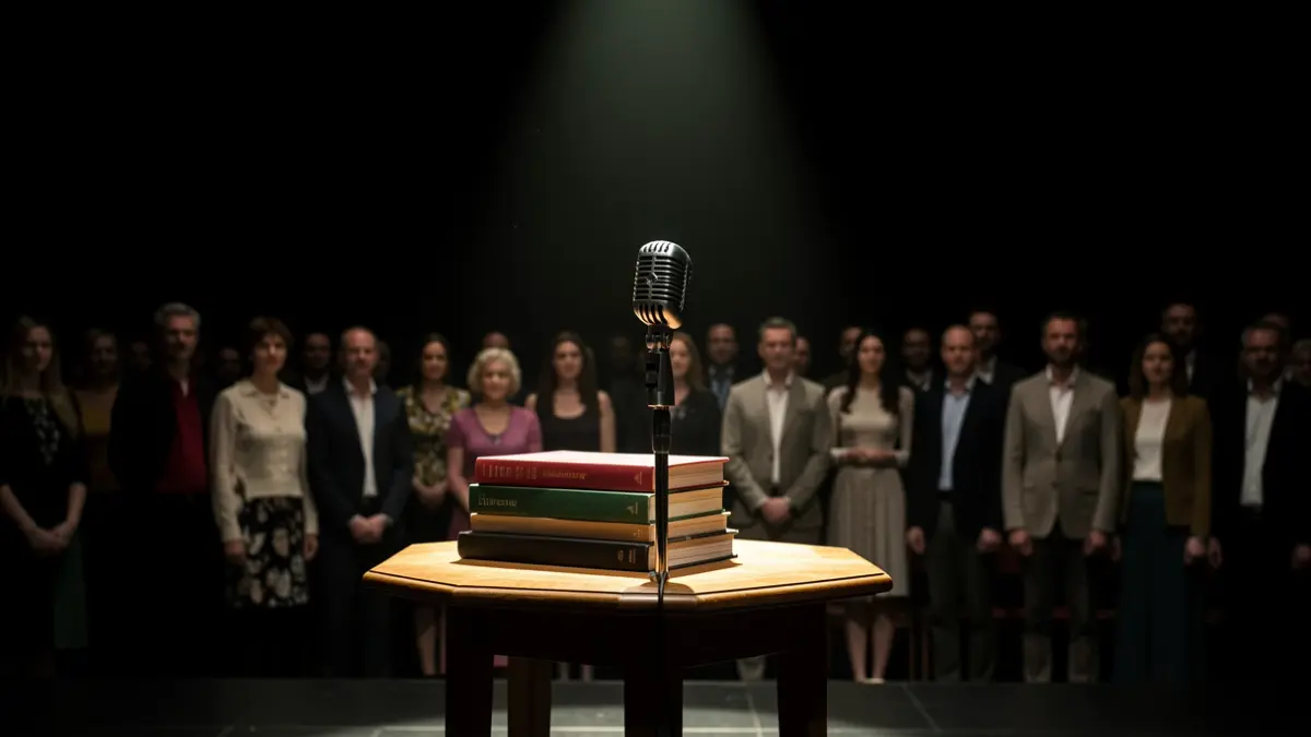 Imaxe xenérica dun escenario de teatro con focos e libros.