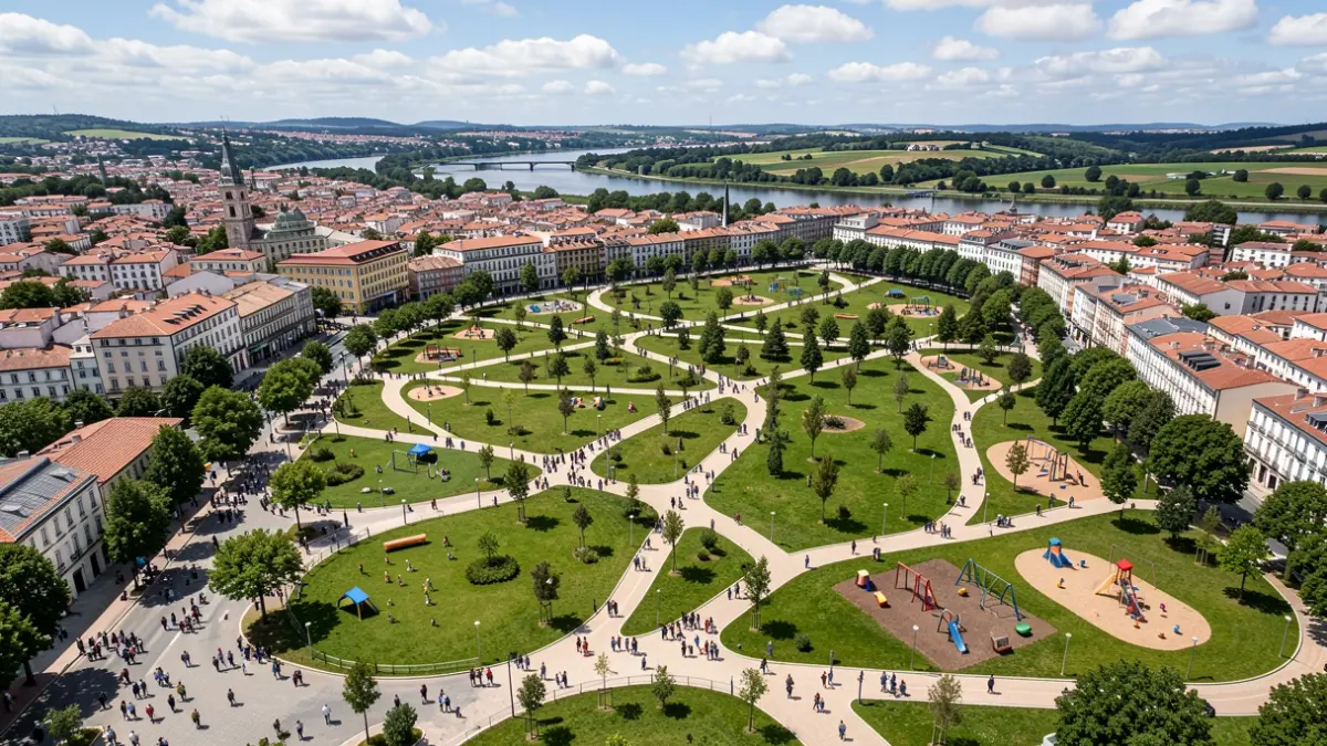 Vista aérea de un gran parque urbano en construcción en Galicia, con zonas verdes y caminos.