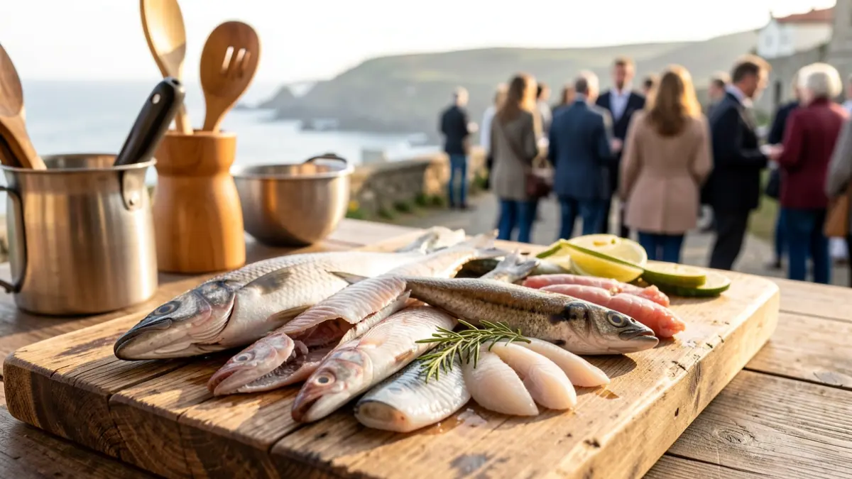 Imagen genérica de pescado y marisco fresco dispuesto en una tabla de madera rústica.
