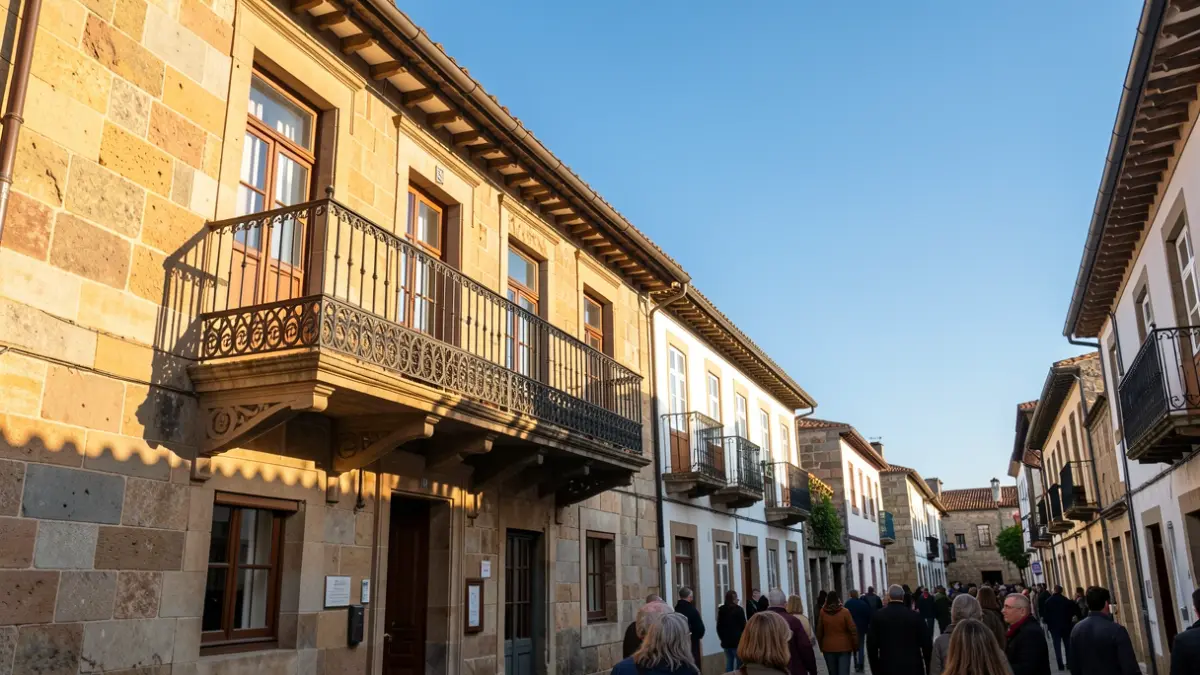 Imagen de la fachada de un ayuntamiento tradicional gallego con balcón y barandillas de hierro, bajo la luz del sol de la tarde.