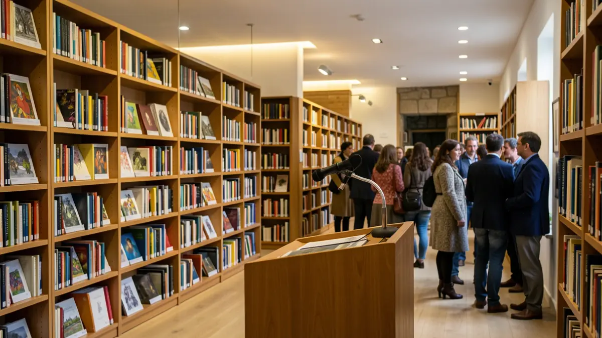 Imaxe xenérica dunha biblioteca moderna con libros de arte e un atril.