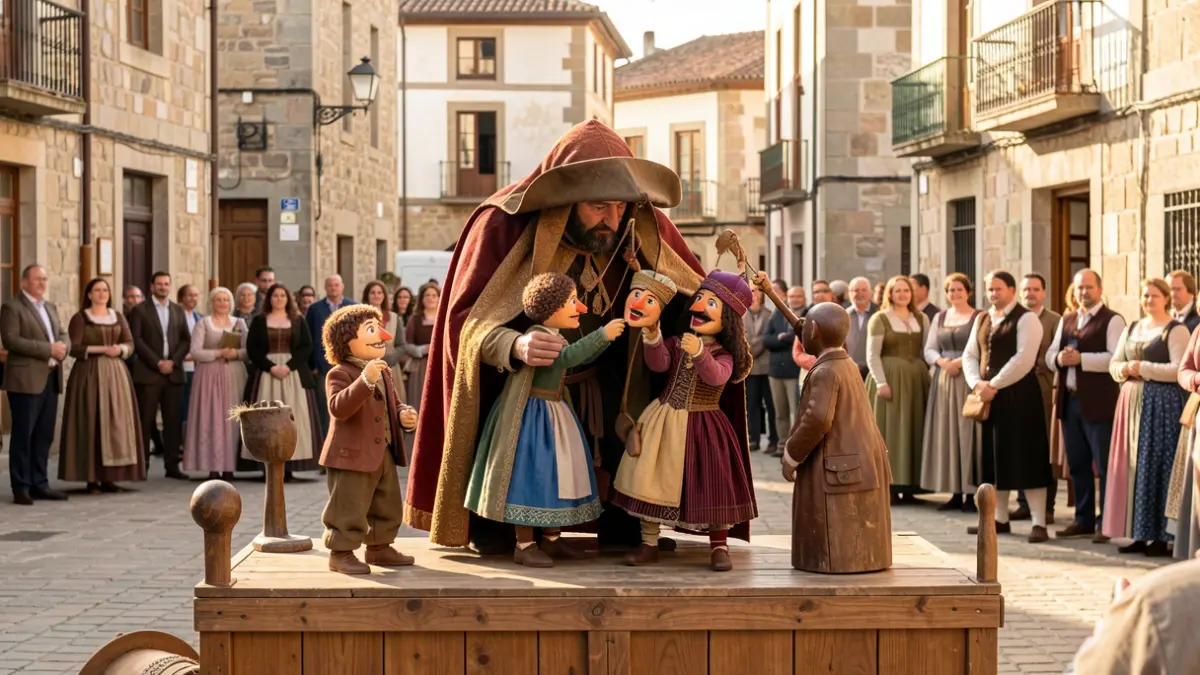 Imaxe xenérica de monicreques tradicionais galegos actuando nunha praza.
