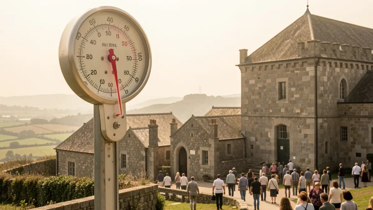 Imaxe xenérica dun termómetro cunha temperatura moi alta nunha paisaxe galega con arquitectura de granito.