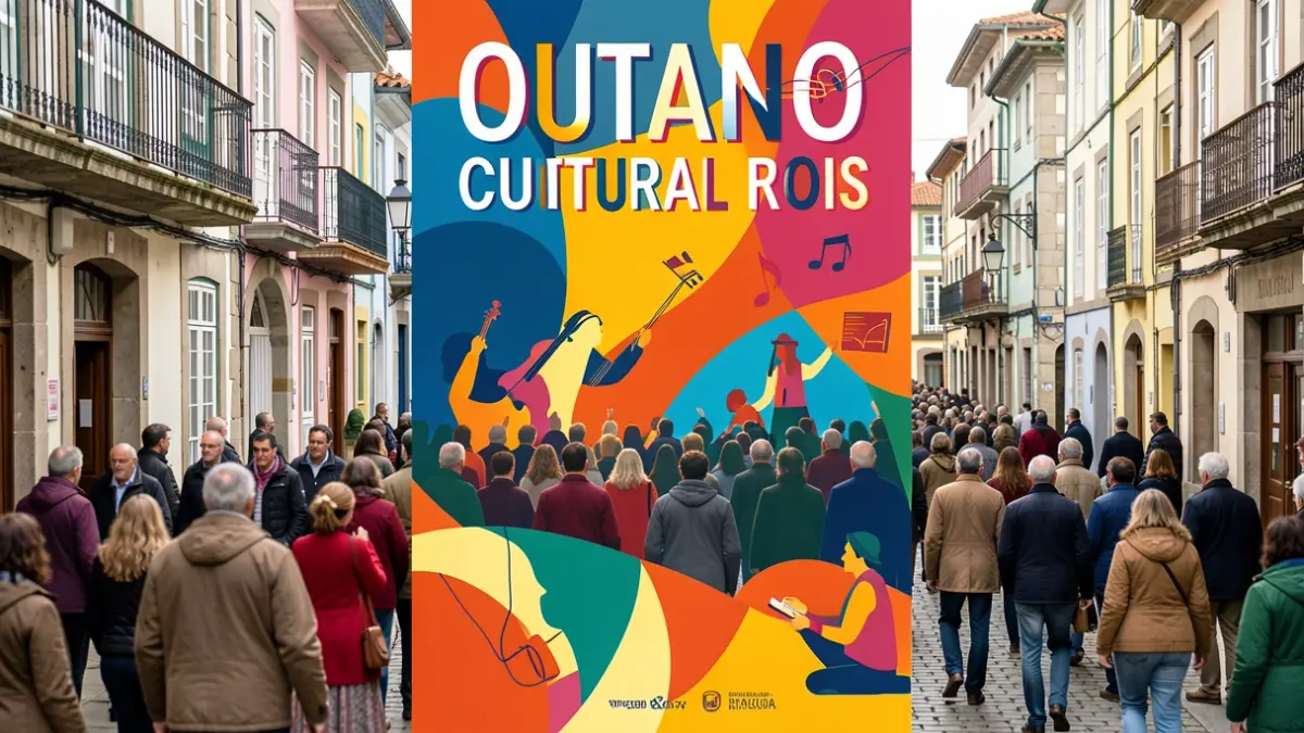 Cartaz xenérico do evento cultural 'Outono Cultural Rois' con elementos visuais que representan teatro, música e narración oral.