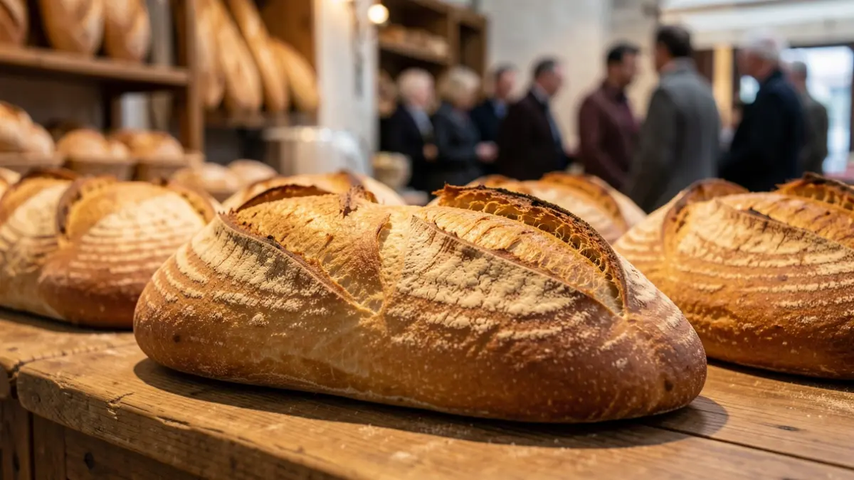 Pan artesanal con corteza dorada sobre superficie de madera rústica, con panadería tradicional al fondo.