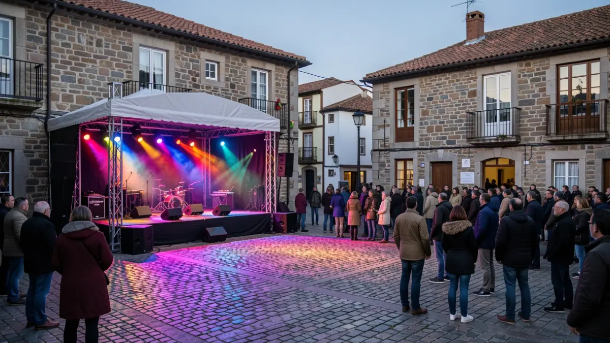 Imagen genérica de un escenario al aire libre en una plaza de Galicia al anochecer.