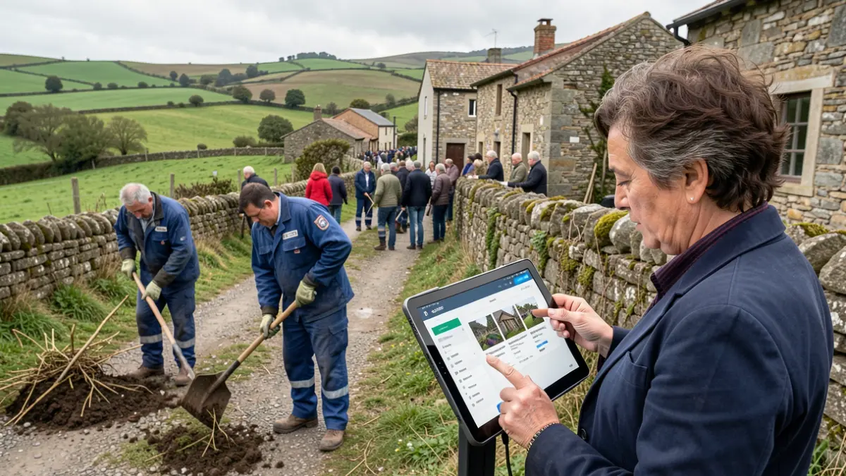 Imaxe xenérica de persoas traballando en tarefas ambientais e dixitais nunha contorna rural galega.
