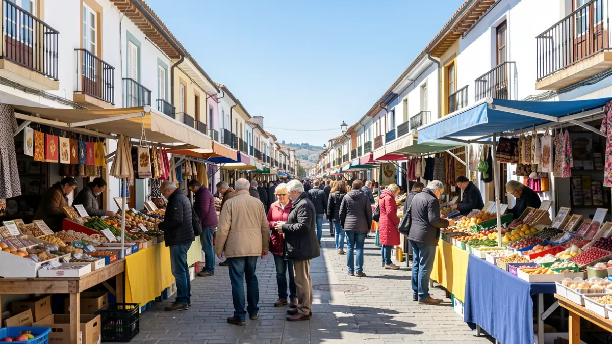 Rúa peonil do Porriño con postos de venda e xente comprando.