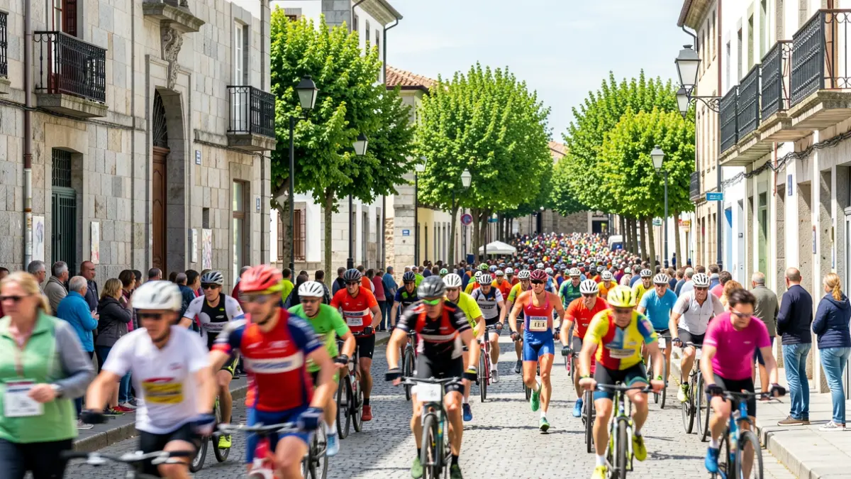 Imagen genérica de deportistas corriendo y en bicicleta en una villa gallega con arquitectura de granito.