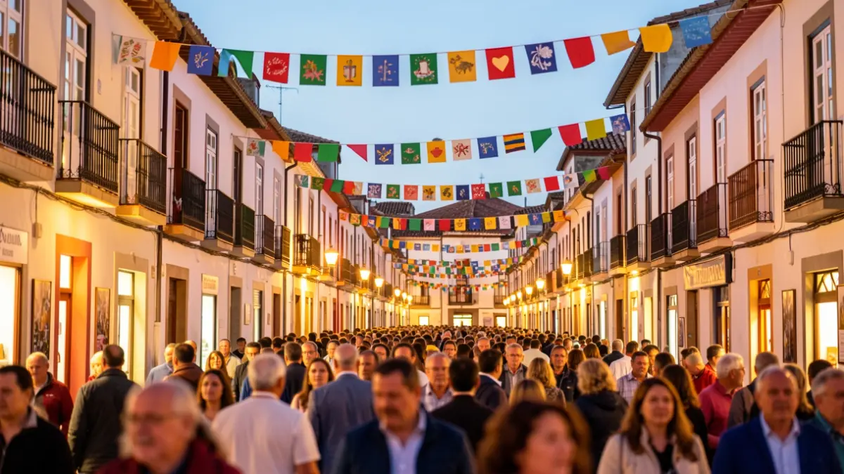 Imagen genérica de una calle festiva en O Porriño con banderas y gente.