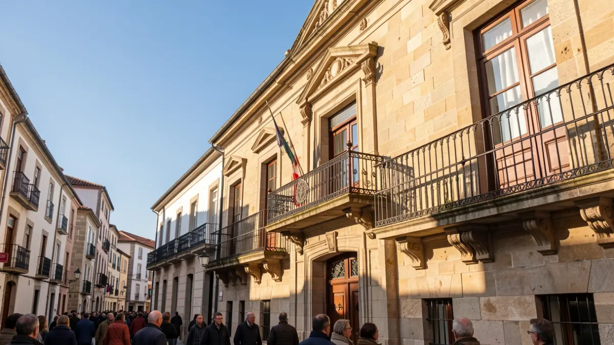 Fachada de granito dun concello galego con balcón ornamentado e varanda de ferro, luz solar cálida da tarde.