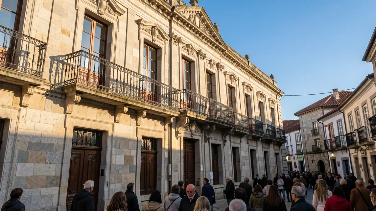 Imaxe xenérica dun concello galego de granito con balcón e ceo azul.