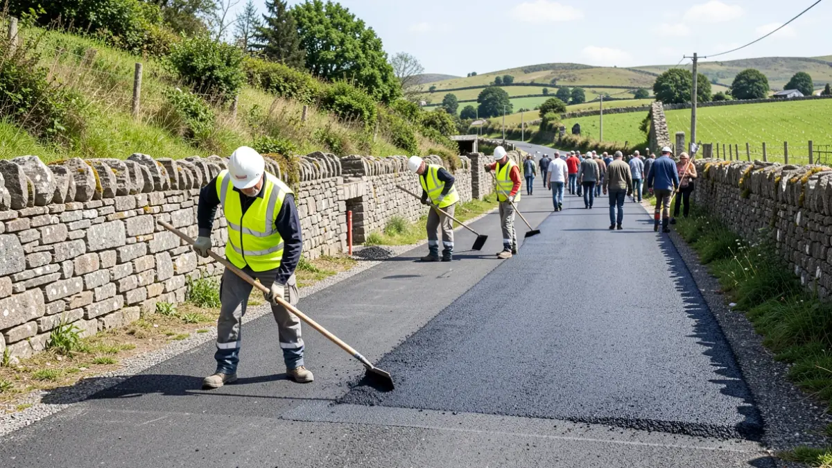 Imagen genérica de obras de pavimentación en un camino rural gallego.
