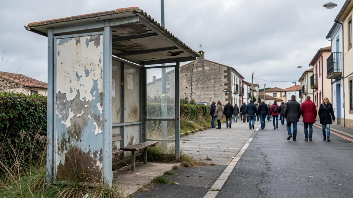 Imagen de una parada de autobús pública en Betanzos con signos de deterioro y maleza a su alrededor.