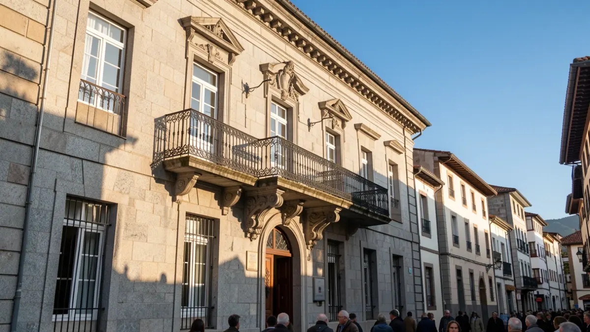 Imaxe xenérica dun concello galego de granito con balcón ornamentado e raís de ferro, baixo a luz do sol da tarde.