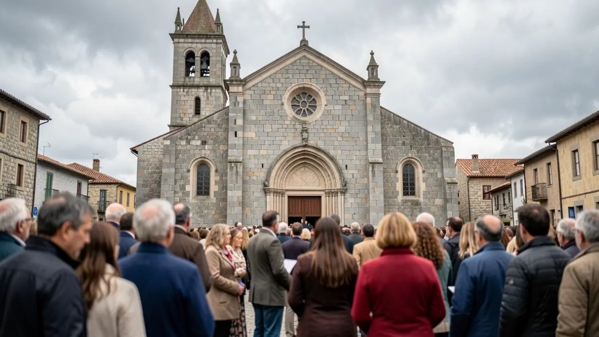 Imaxe xenérica dunha igrexa de pedra en Galicia con xente reunida.