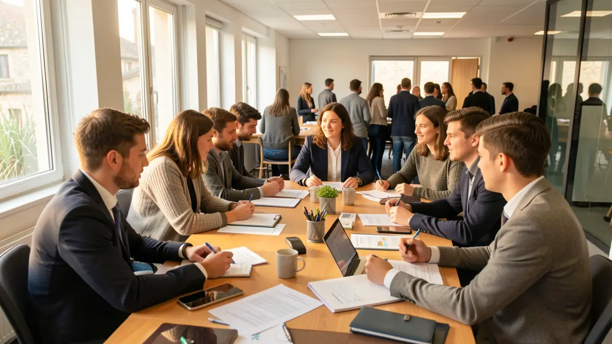 Imaxe xenérica de mozos e profesionais nunha sala de reunións.