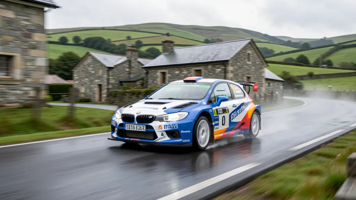 Imaxe dun coche de rally correndo nunha estrada mollada en Galicia, con edificios de granito e outeiros verdes ao fondo.