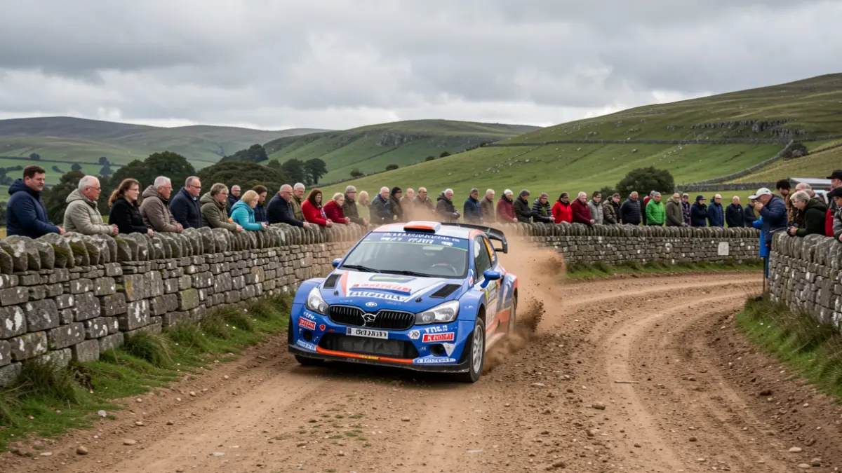 Imaxe dun coche de rally correndo nunha pista de terra en Galicia.