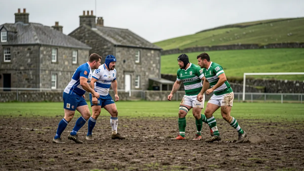 Imaxe xenérica de dous equipos de rugby galegos enfrontándose nun campo de herba mollada.