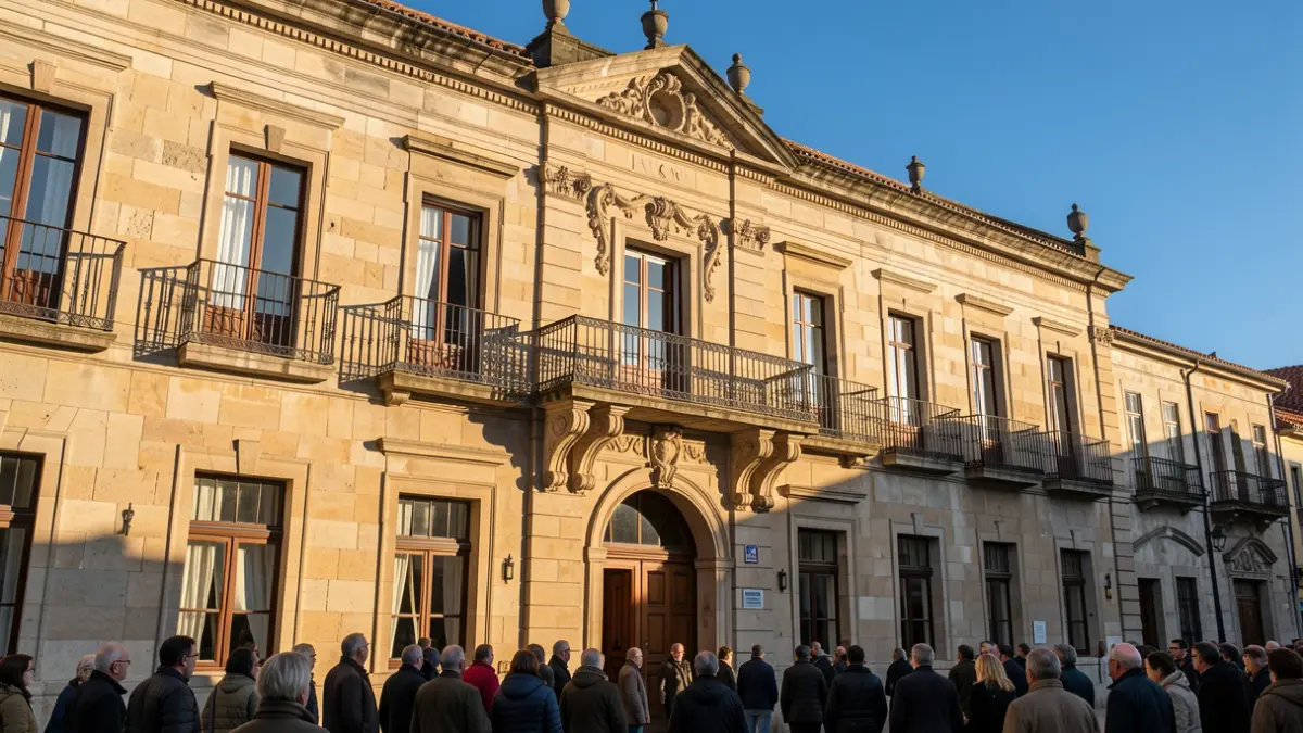 Imaxe xenérica dun concello galego con balcón e raís de ferro, luz solar cálida da tarde e ceo azul.