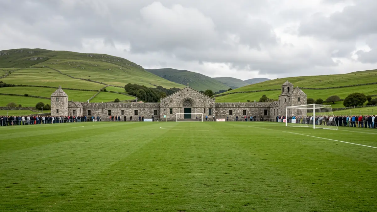 Imaxe xenérica dun campo de fútbol galego con arquitectura de pedra e outeiros verdes.
