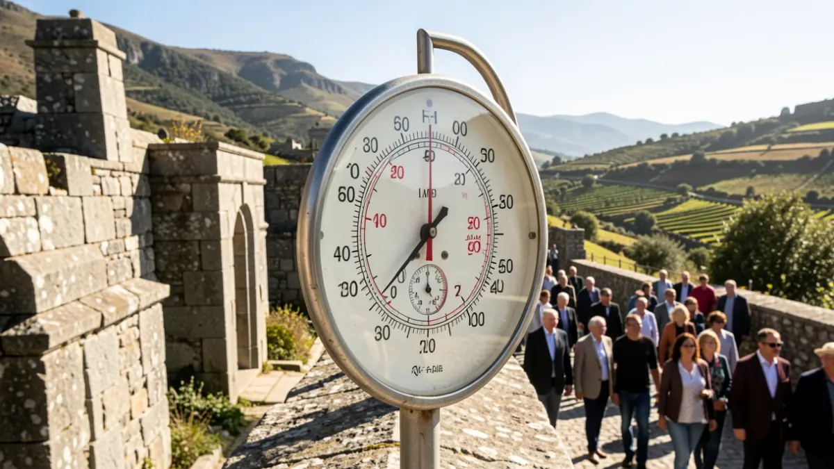 Imaxe xenérica dun termómetro cunha temperatura moi alta nunha paisaxe galega soleada con arquitectura de granito.