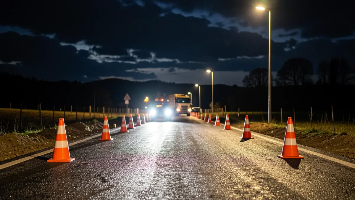 Imaxe xenérica de obras nocturnas nunha estrada galega con tráfico.