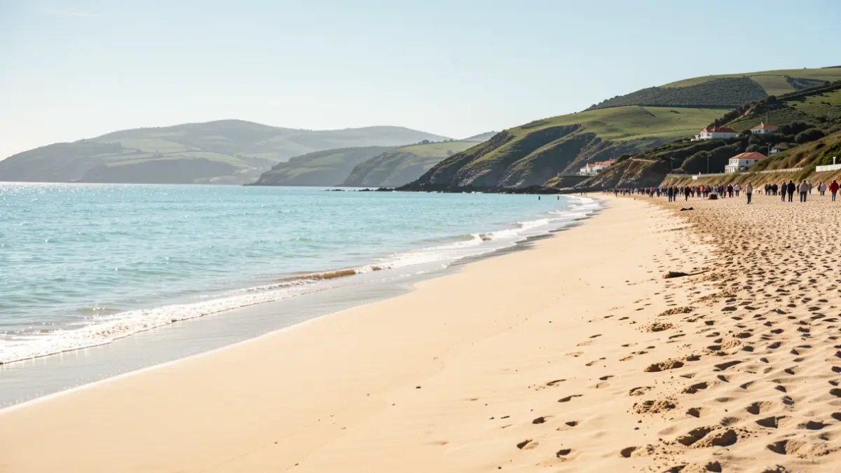 Imaxe xenérica dunha praia galega con area e auga limpas baixo un ceo despexado.