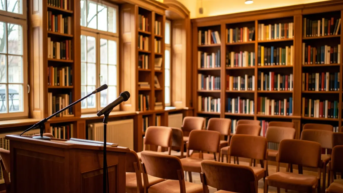 Imaxe xenérica dunha sala de biblioteca con butacas baleiras e un atril.