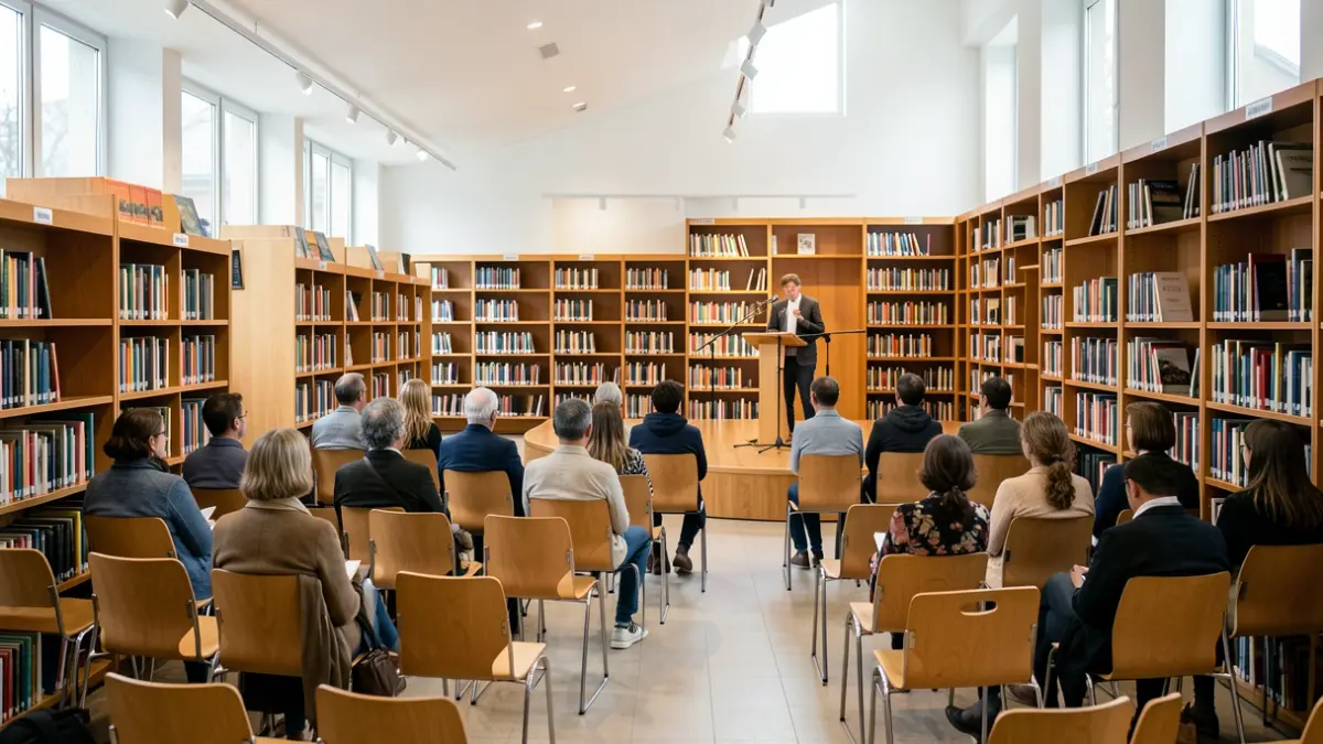 Imaxe xenérica dunha biblioteca pública galega con escenario.