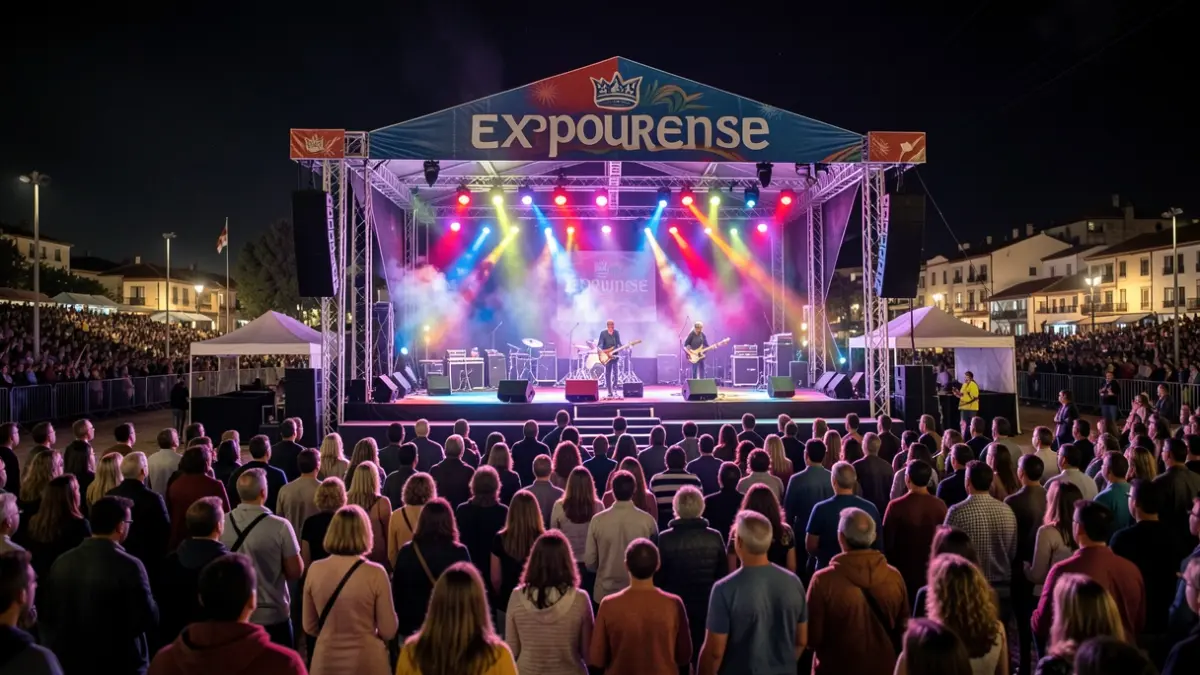 Imagen genérica de un festival de música con escenario iluminado y público difuminado.