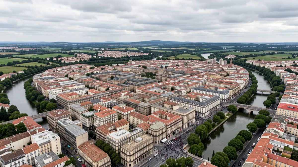 Imaxe xenérica dunha cidade galega con arquitectura de granito rodeada de zonas verdes.