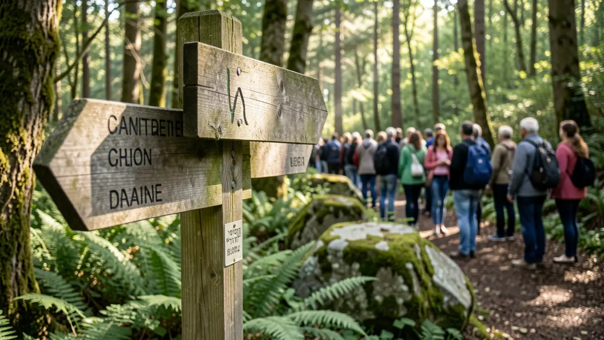 Imaxe xenérica dunha sinalización de ruta de sendeirismo nun bosque galego.