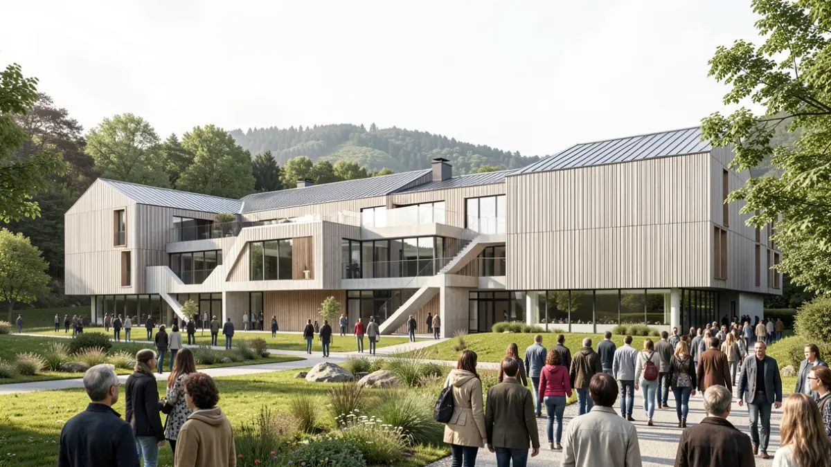 Imagen de un diseño arquitectónico moderno y accesible para un centro educativo en Galicia, con bloques interconectados y luz natural.