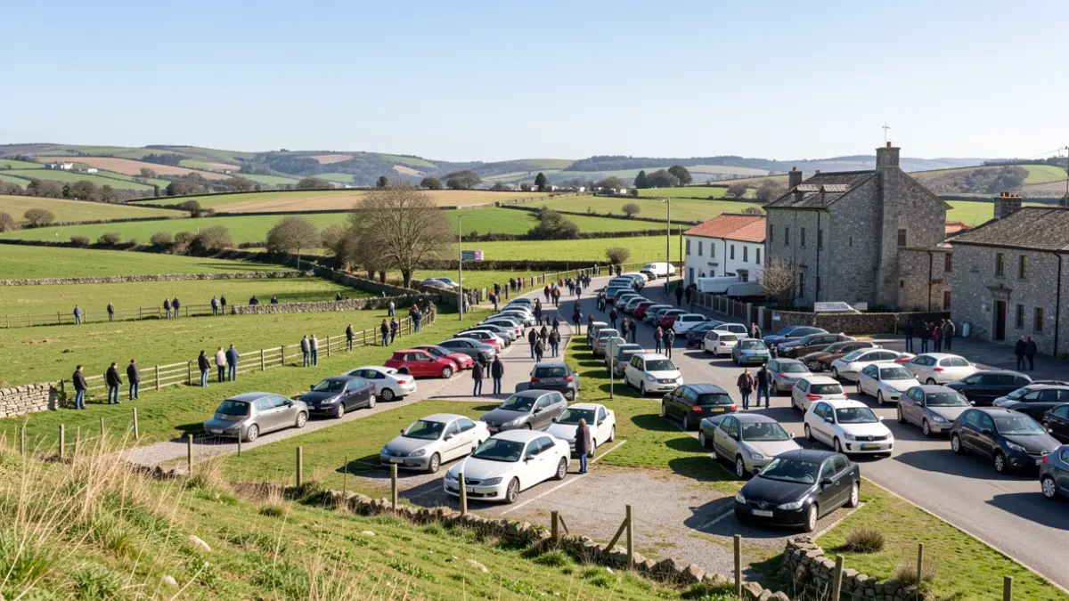 Vista panorámica de Palas de Rei con numerosos coches aparcados, destacando el paisaje rural y la arquitectura local.