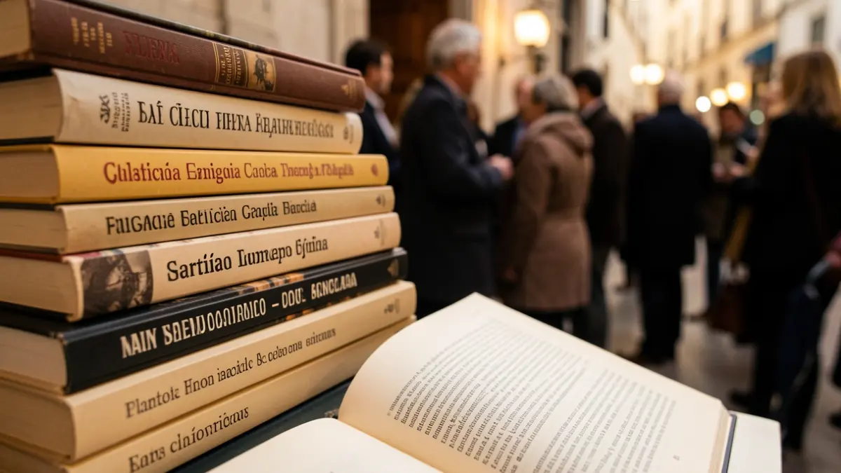 Imaxe xenérica de libros en galego e inglés, cun libro aberto mostrando texto.
