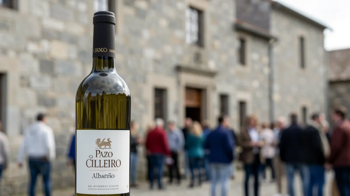 Imagen de una botella de Pazo Cilleiro Albariño con una bodega de granito gallega al fondo.