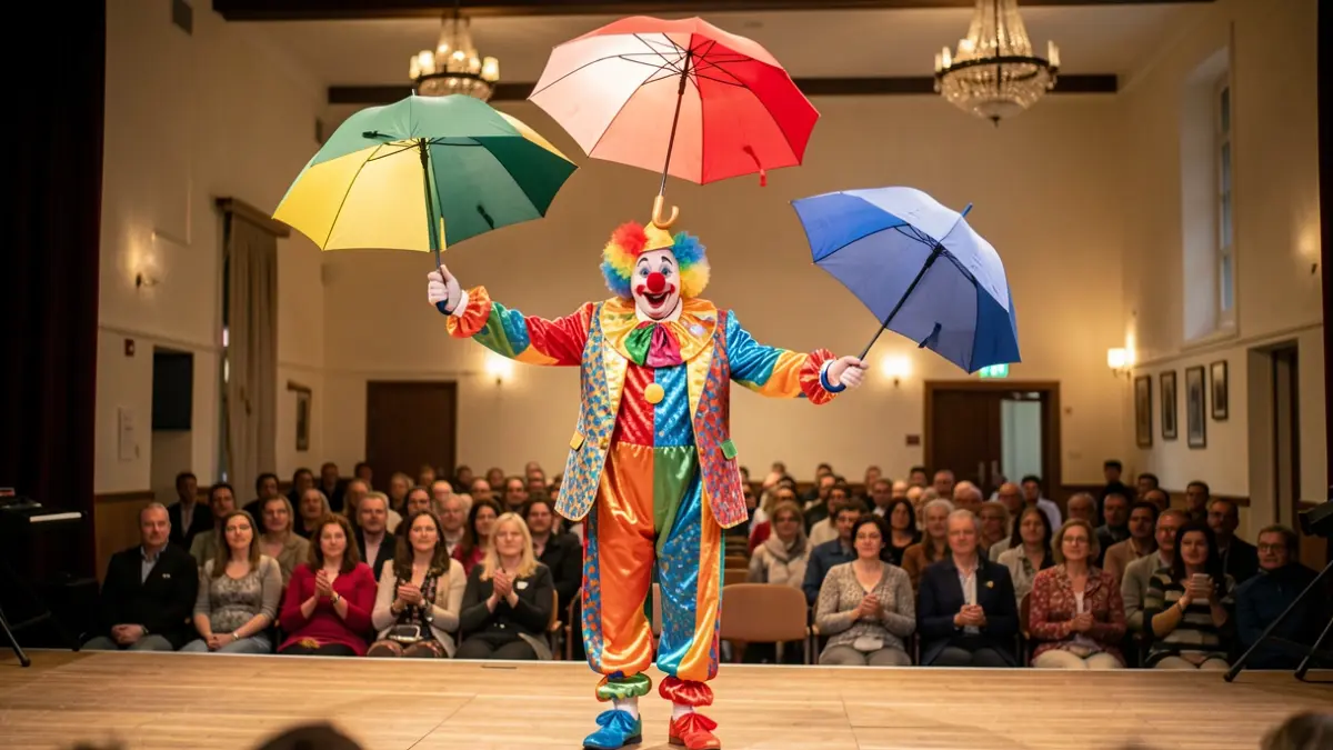 Imaxe dun pallaso realizando un número de circo con paraugas.