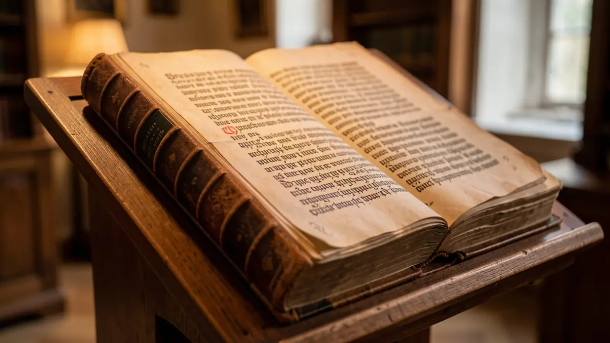 Primeira plana dun libro antigo con escritura medieval sobre un atril de madeira, con luz cálida.