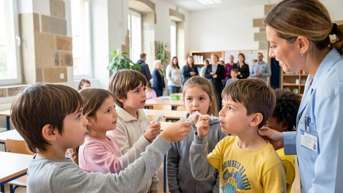 Niños y niñas de entre 3 y 11 años recibiendo la vacuna intranasal contra la gripe en un aula en Galicia.