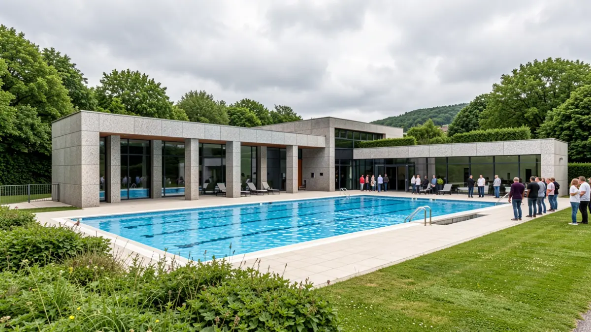 Imagen genérica de una piscina municipal gallega con elementos de granito y entorno verde.