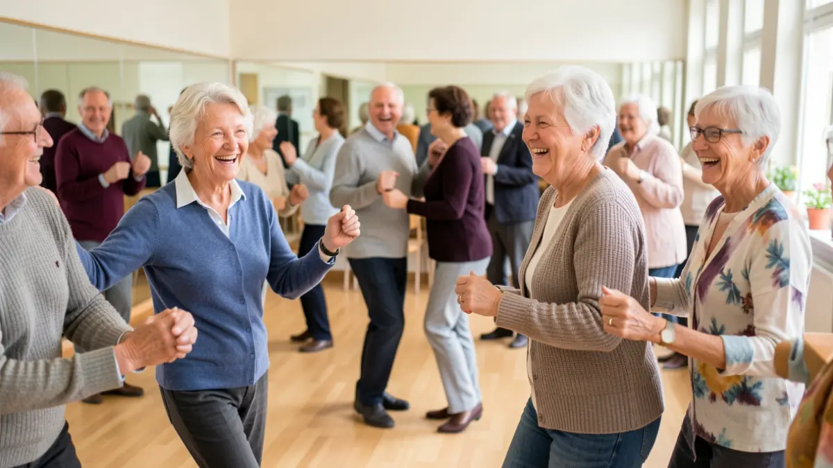 Imagen genérica de personas mayores participando en una clase de baile en grupo en un centro comunitario.