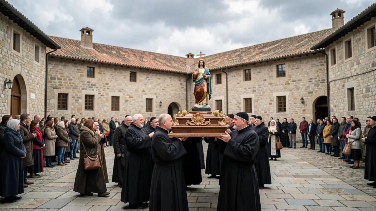 Imaxe dunha procesión relixiosa no Mosteiro de San Xoán en Poio.