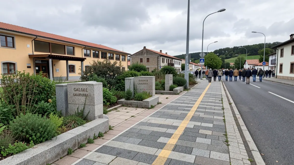 Imaxe xenérica dun camiño escolar seguro en Galicia, con elementos de granito e vexetación verde.