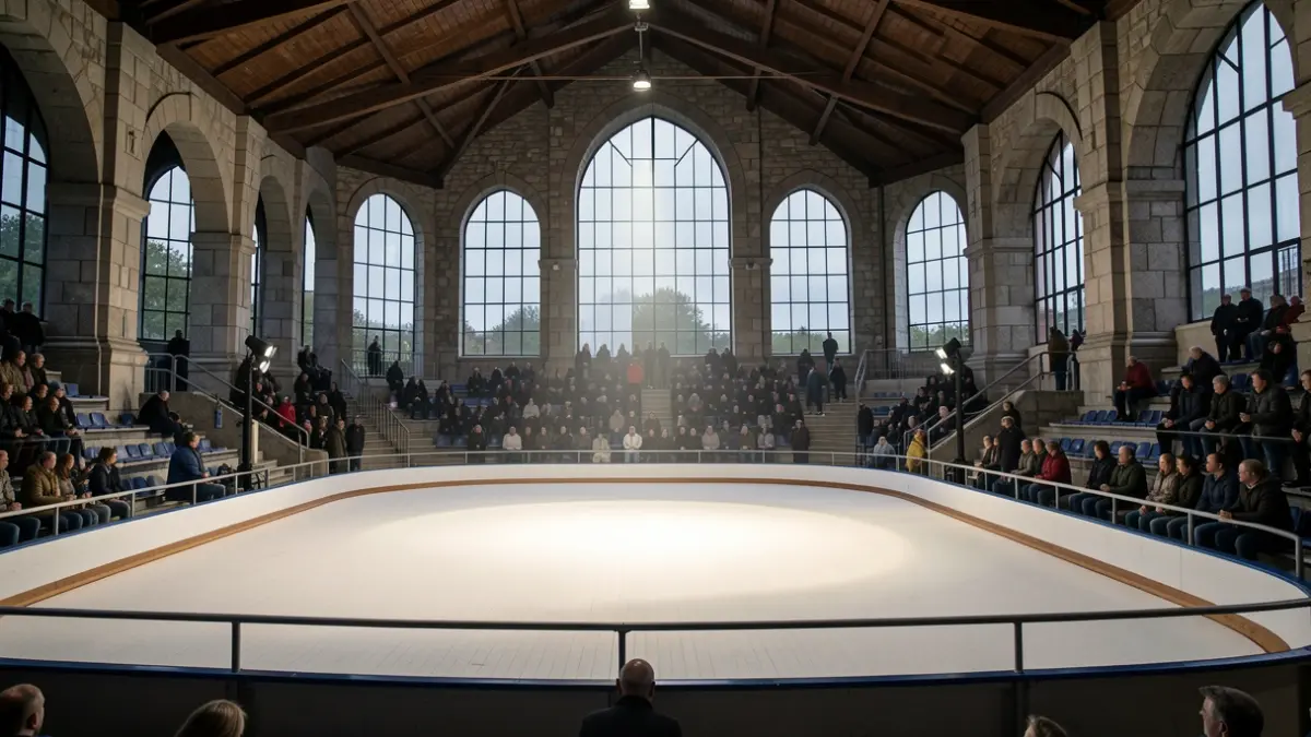 Imaxe xenérica dun pavillón deportivo galego baleiro, preparado para unha competición de patinaxe.