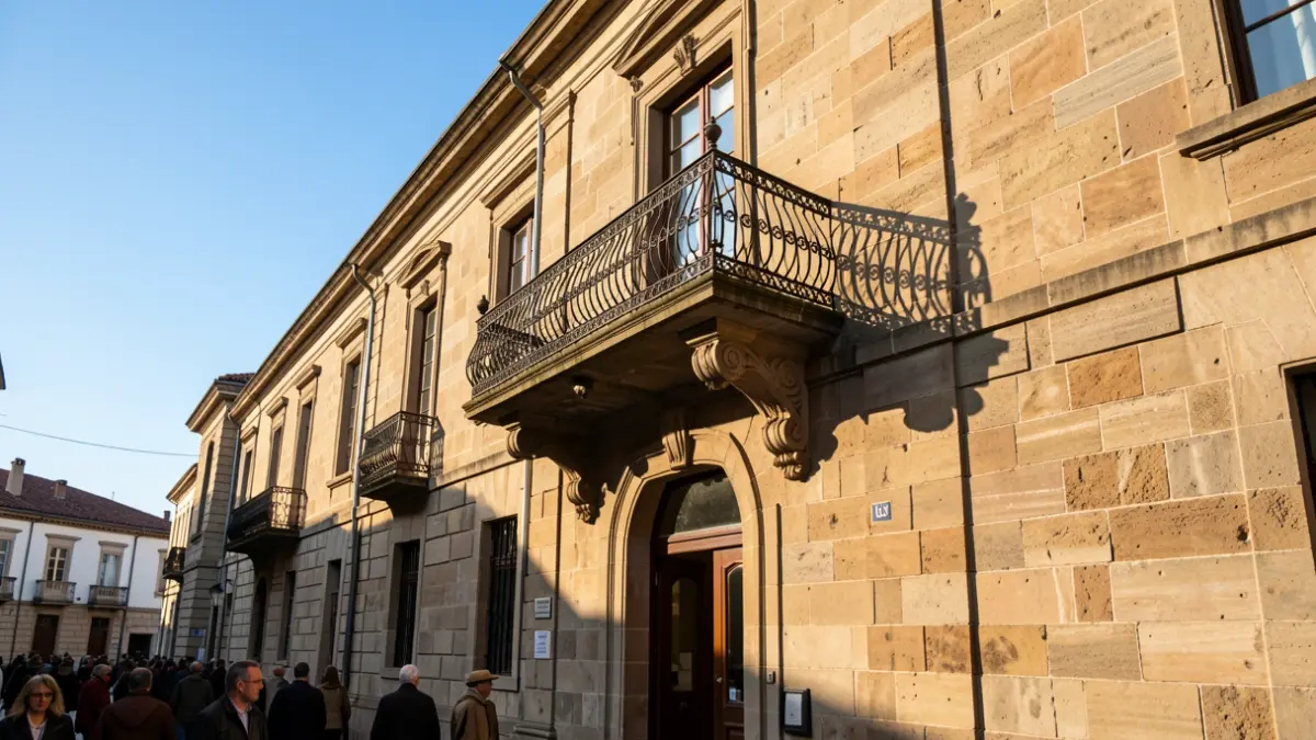Imagen genérica de un ayuntamiento gallego con balcón de piedra y luz solar.