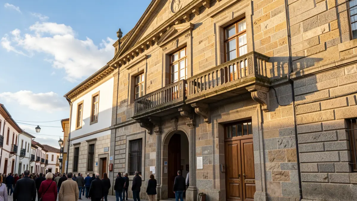 Imagen genérica de una casa consistorial de granito gallega con balcón ornamentado y luz solar.