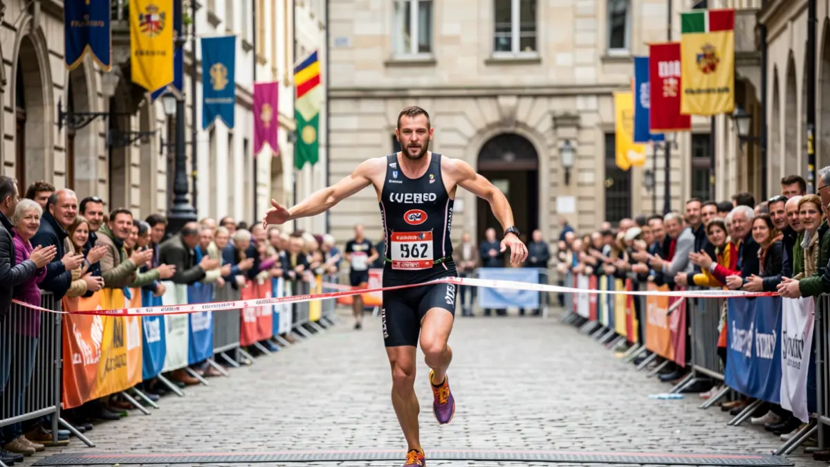 Imaxe dun triatleta cruzando a meta nunha praza histórica de Galicia con público.