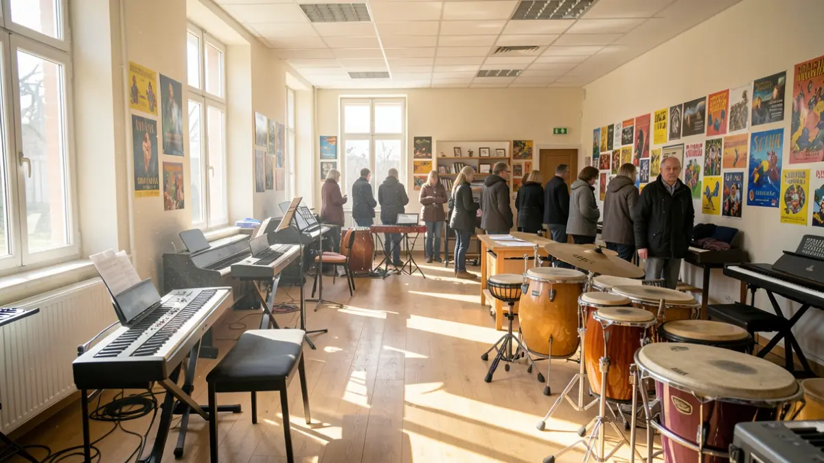 Imagen de un aula de música luminosa y espaciosa en Galicia, con instrumentos musicales y luz solar.